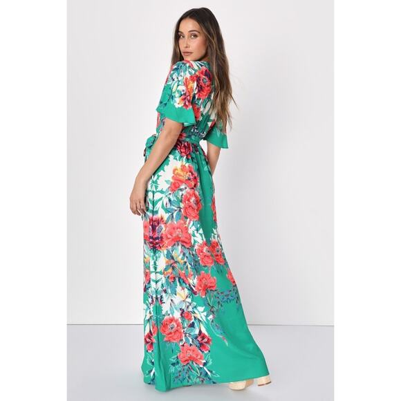 Lulus Still In Paradise Green Floral Print Wrap Maxi Dress - Picture 3 of 11